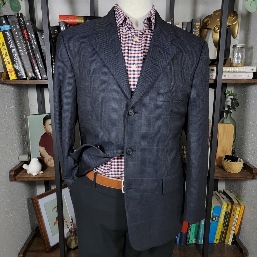 Tasso Elba Mens Sport Coat 3 Button Navy Plaid ANGELICO WOOL CASHMERE Size 40S